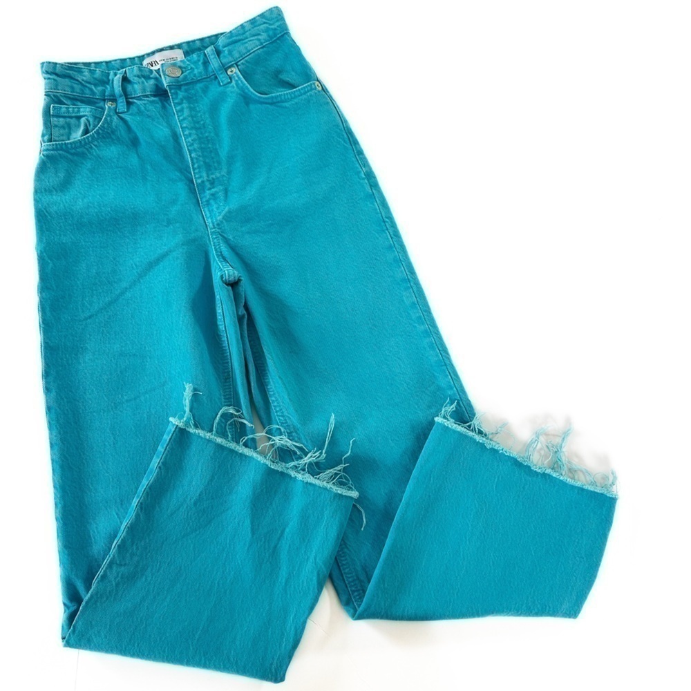 Zara Jeans Womens 0 Teal Blue Rigid High Rise Ankle Straight Jeans Raw Hem